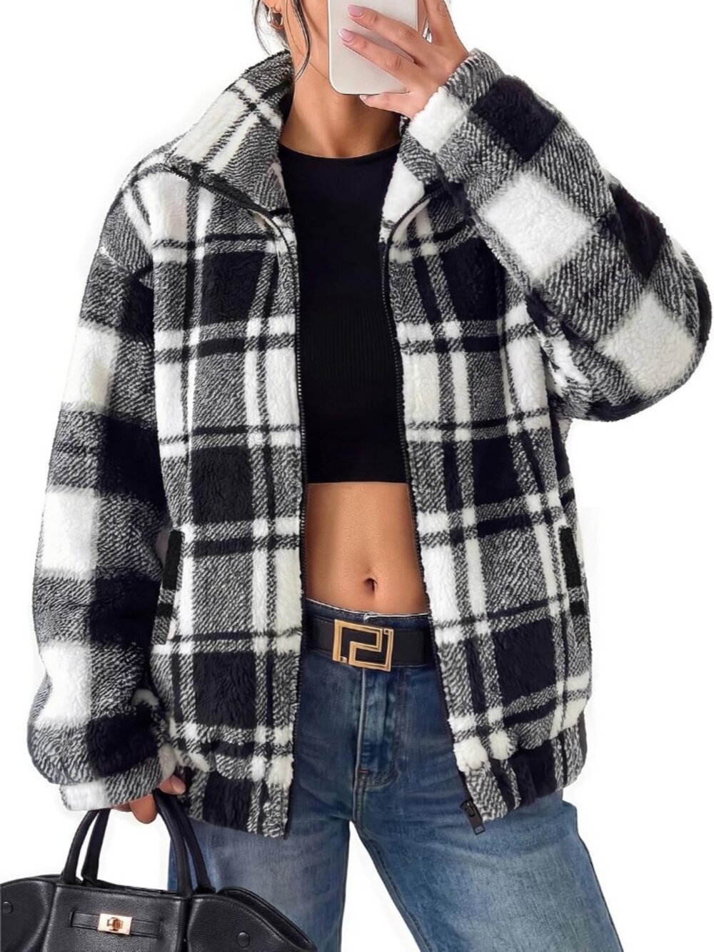 Women's Black Plaid Long Sleeve ZIP Teddy Coat Oversized Sherpa Fleece Jacket